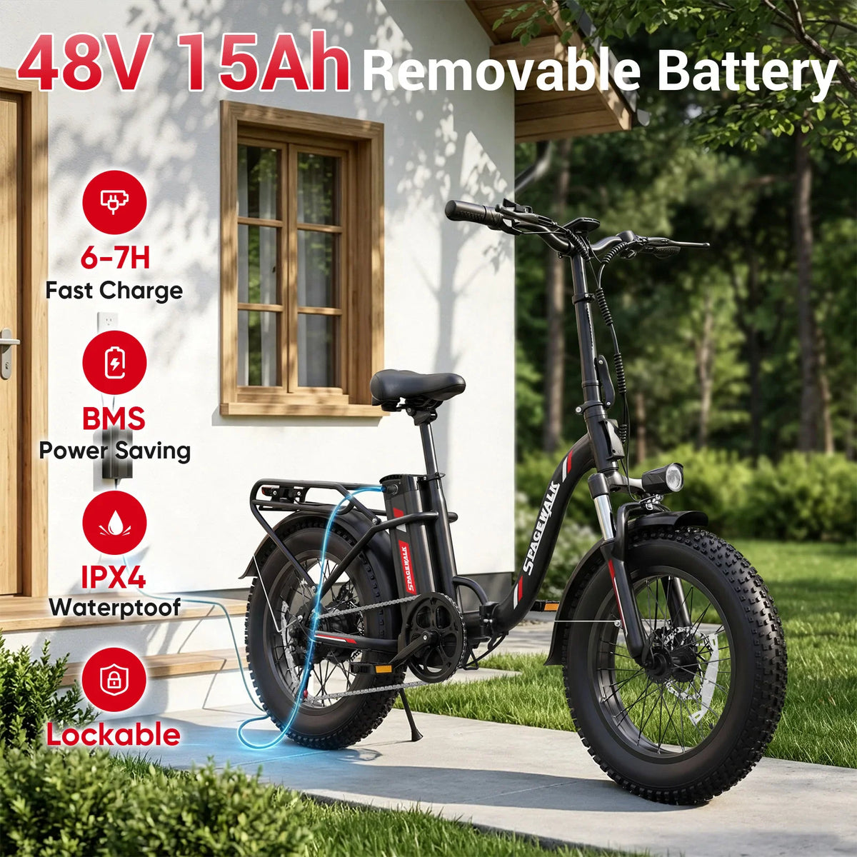 Black folding electric bike parked in front of a house, showcasing its removable 48V 15Ah battery and charging features.