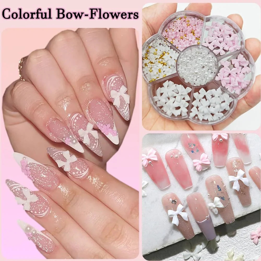 A collage showing manicured nail designs with bows and flowers alongside a container of nail art charms