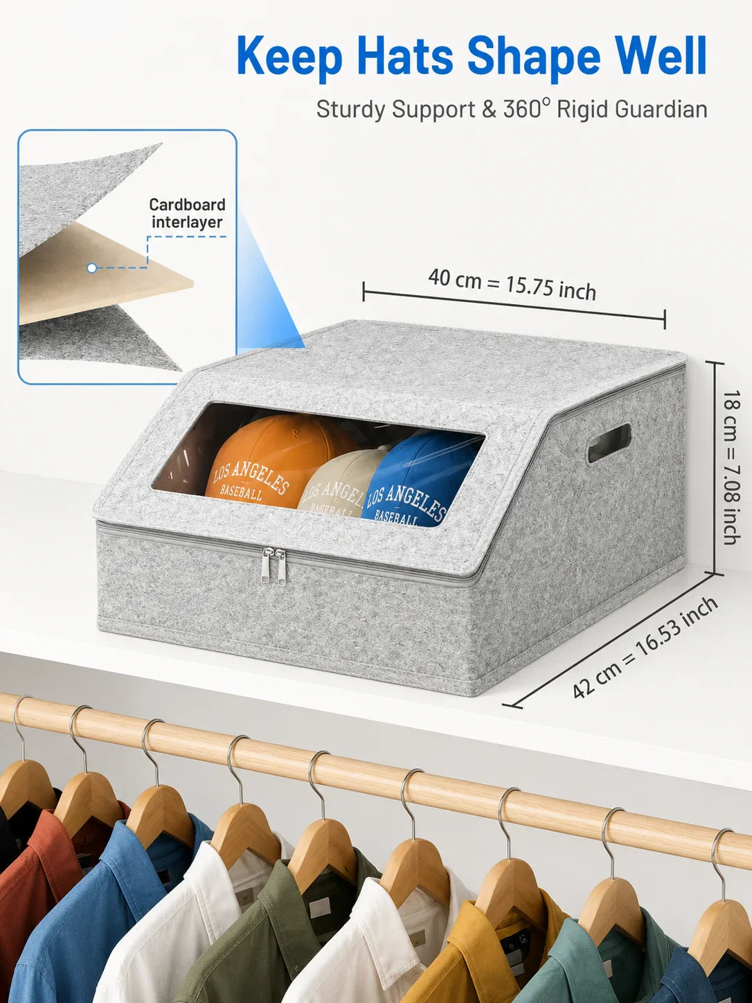 Grey felt baseball cap storage box with dimensions labelled and a cross-section diagram showing cardboard layers