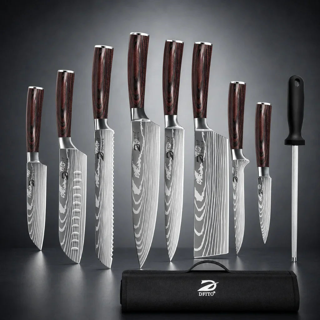 Full set of Damascus steel kitchen knives with wooden handles and sharpening rod against a dark background.