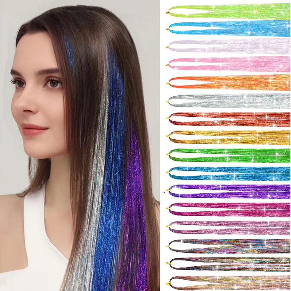 A woman wearing colorful sparkling hair tinsel extensions with a list of color options on the side.