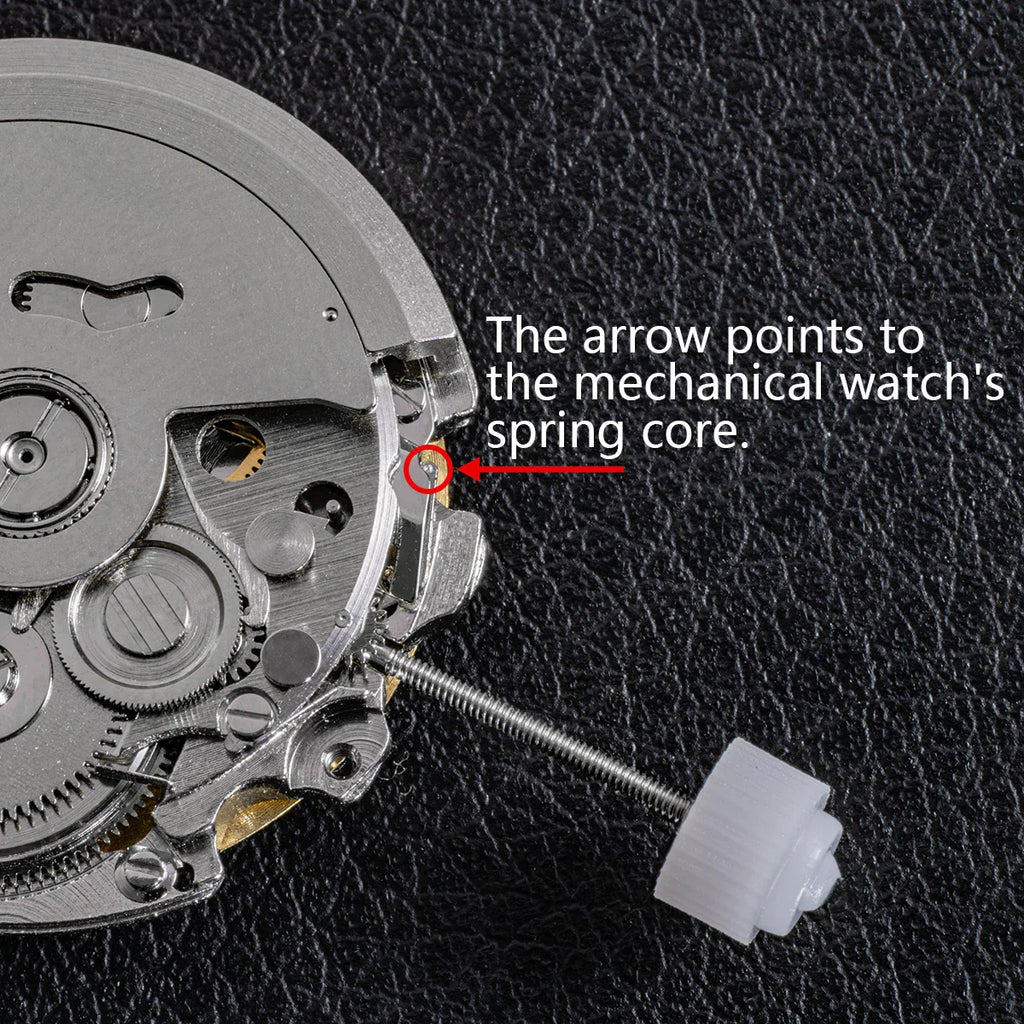 Automatic mechanical watch movement showing the winding stem and spring core