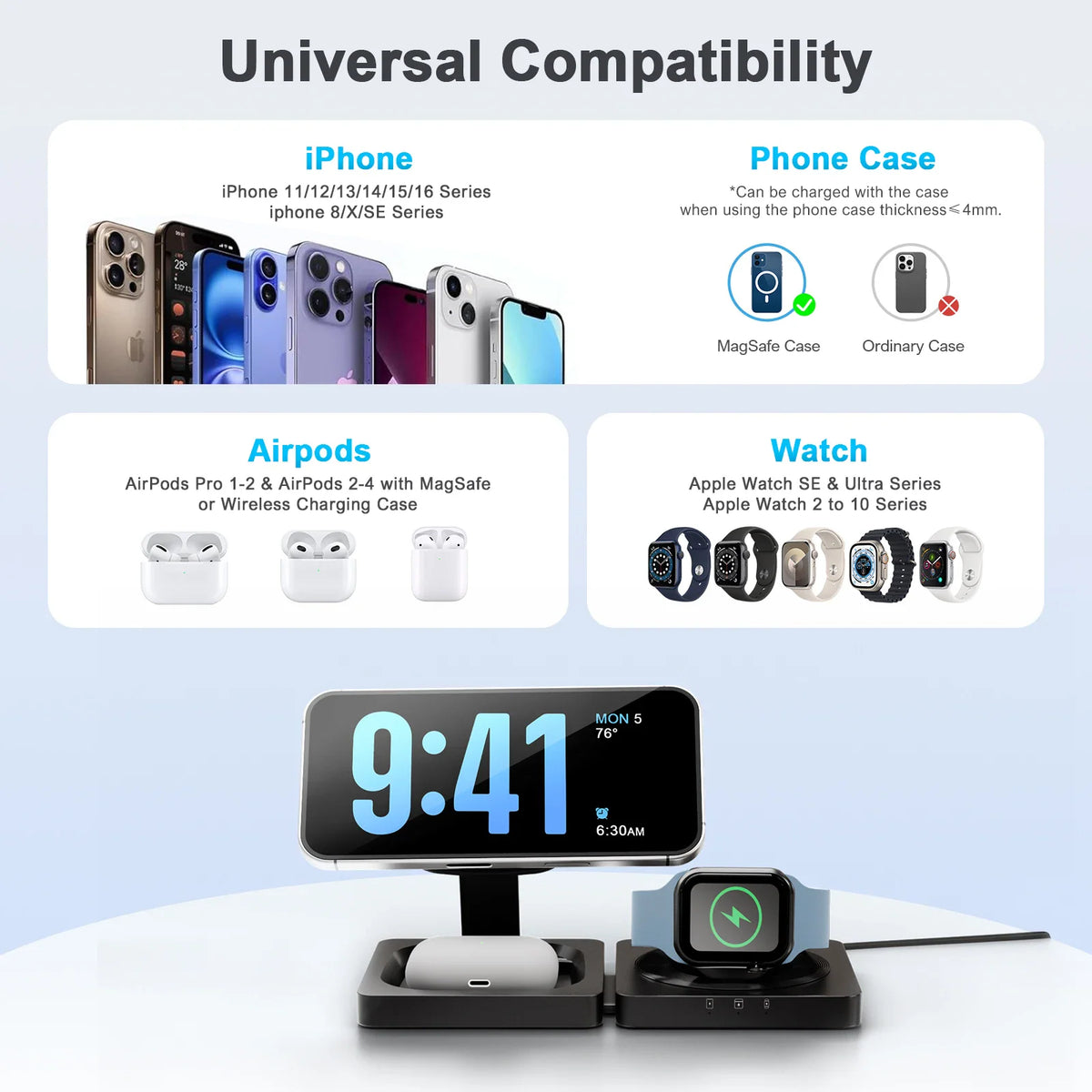 Compatibility guide for 3-in-1 magnetic wireless charging station
