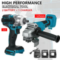 Blue and black cordless impact wrench and angle grinder kit with two batteries and a charger.