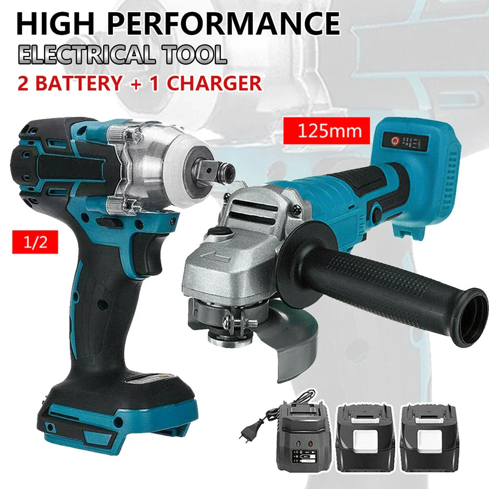 Blue and black cordless impact wrench and angle grinder kit with two batteries and a charger.