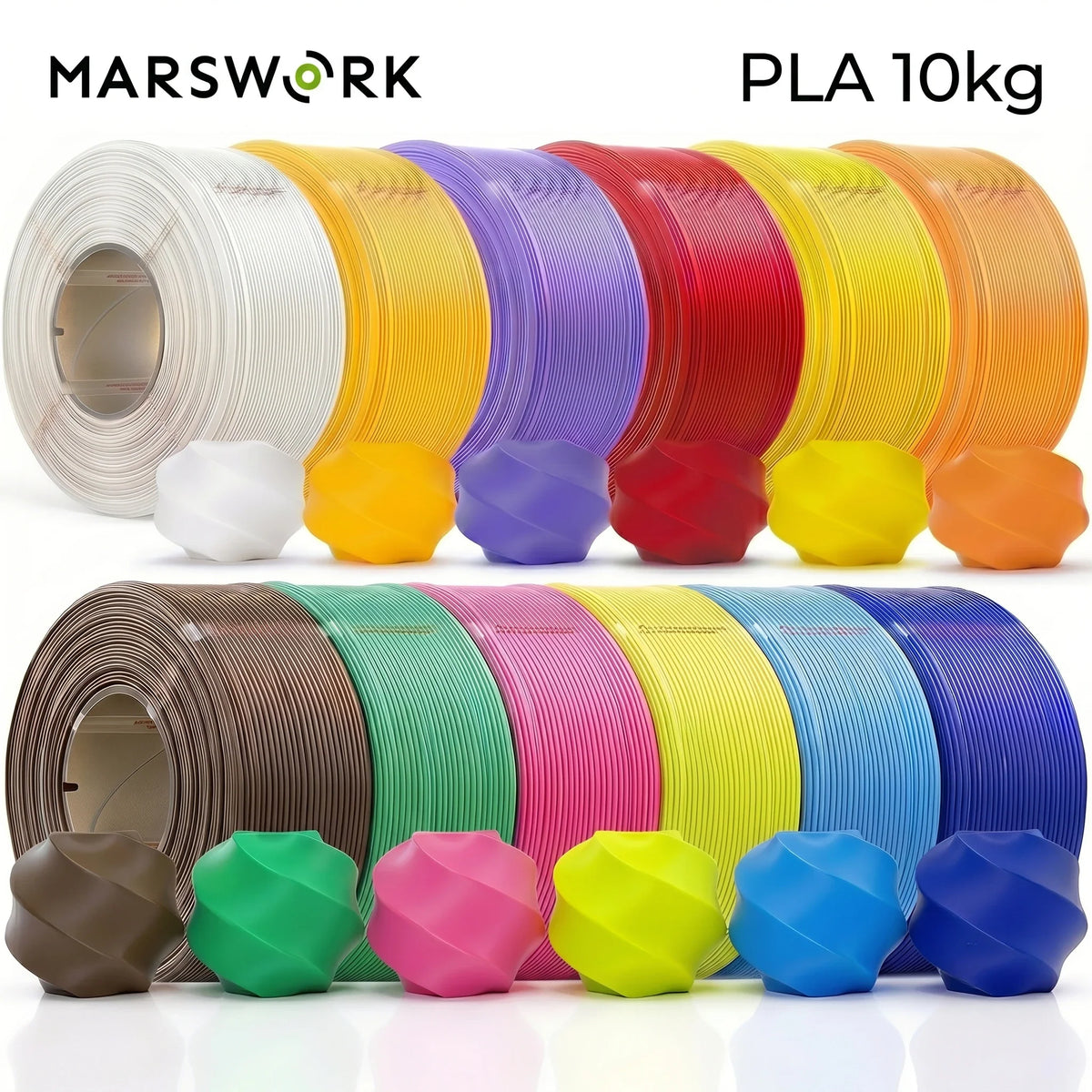 Collection of multi-coloured 3D printer filament spools and printed spiral shapes