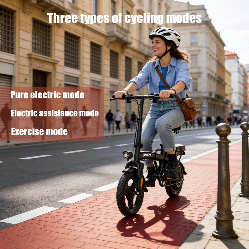 Woman riding a black electric folding bike on a city sidewalk with text overlay of cycling modes