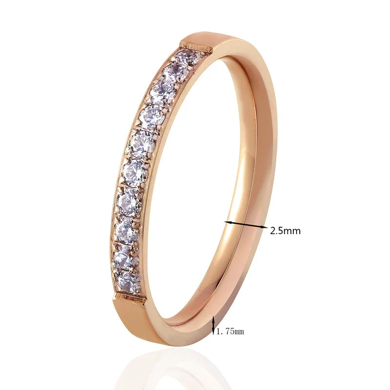Rose gold crystal band ring showing dimension measurements