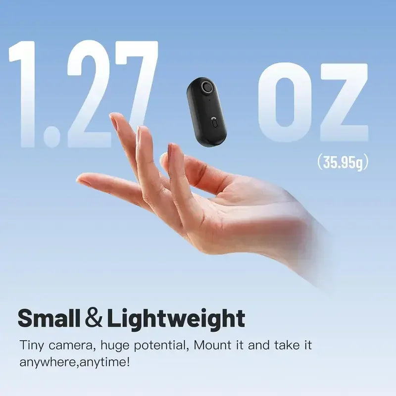 Tiny action camera floating above a human palm, demonstrating small and lightweight design