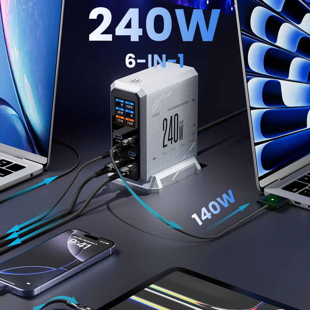 A 240W GaN desktop charger connected to two laptops and a phone