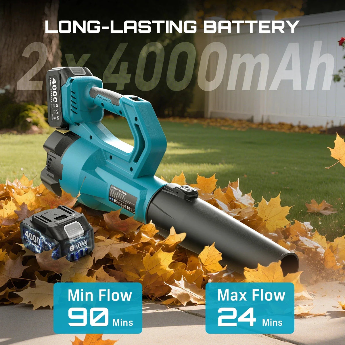 Cordless leaf blower resting on a pile of fallen leaves with battery capacity information overlaid.