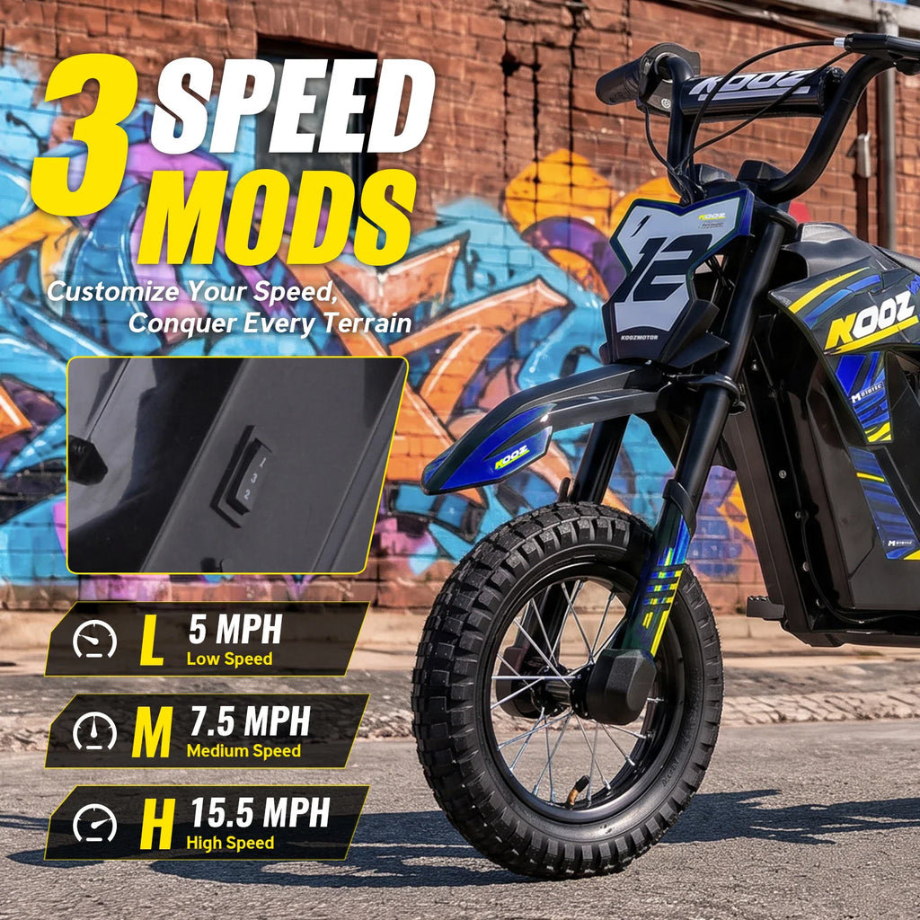 A blue and black electric dirt bike with an inset view of its three-speed mode switch.