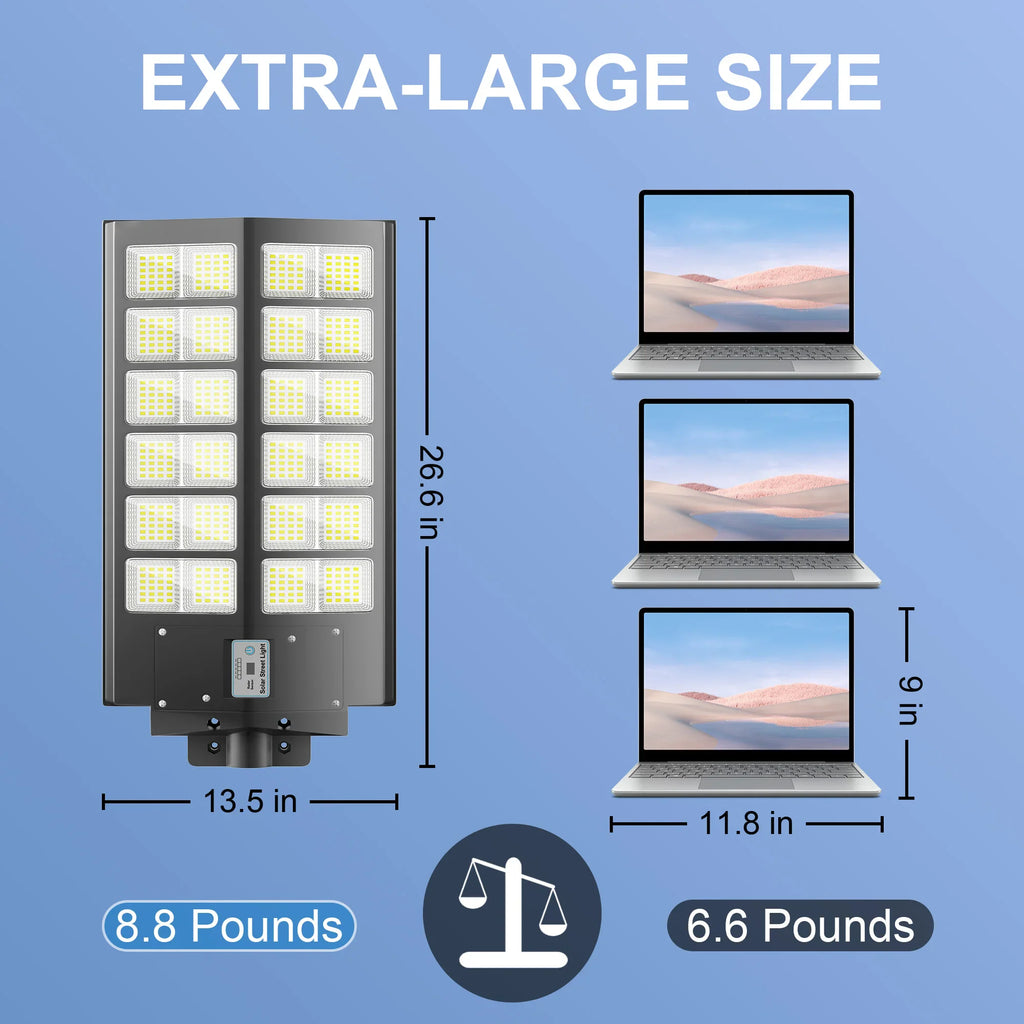 Diagram showing the dimensions and weight of a large solar LED street light compared to a laptop.