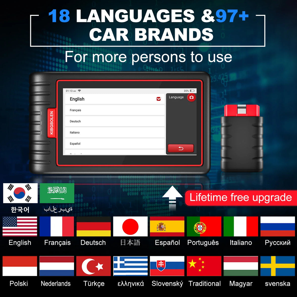 Diagnostic scanner screen showing a language selection menu surrounded by various international flags