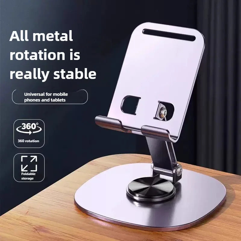 Adjustable metal desktop stand for mobile phones and tablets with 360-degree rotation.