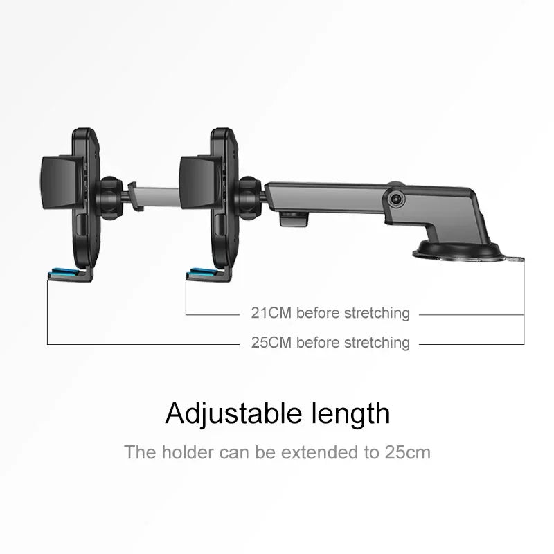 A technical diagram of an adjustable car phone holder showing extendable length.