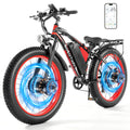 Electric mountain bike with red and black frame, fat tires, and a smartphone app display overlay.