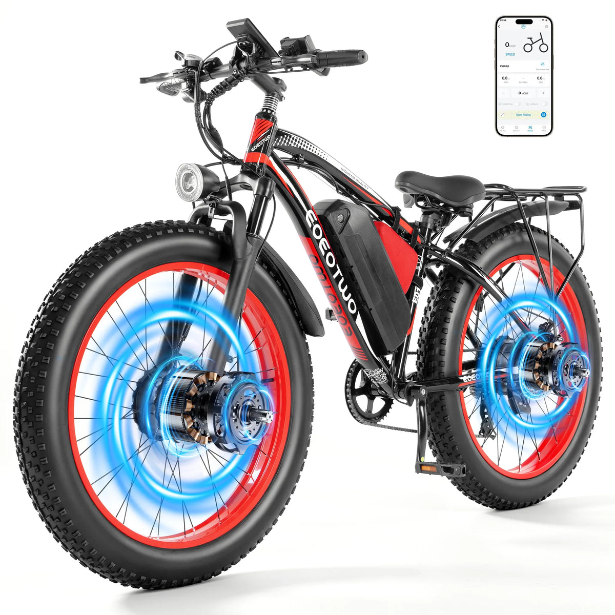 Electric mountain bike with red and black frame, fat tires, and a smartphone app display overlay.
