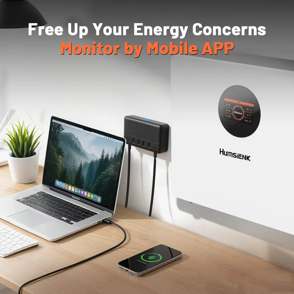 Wall-mounted battery unit with a laptop and charging phone showing remote mobile monitoring.