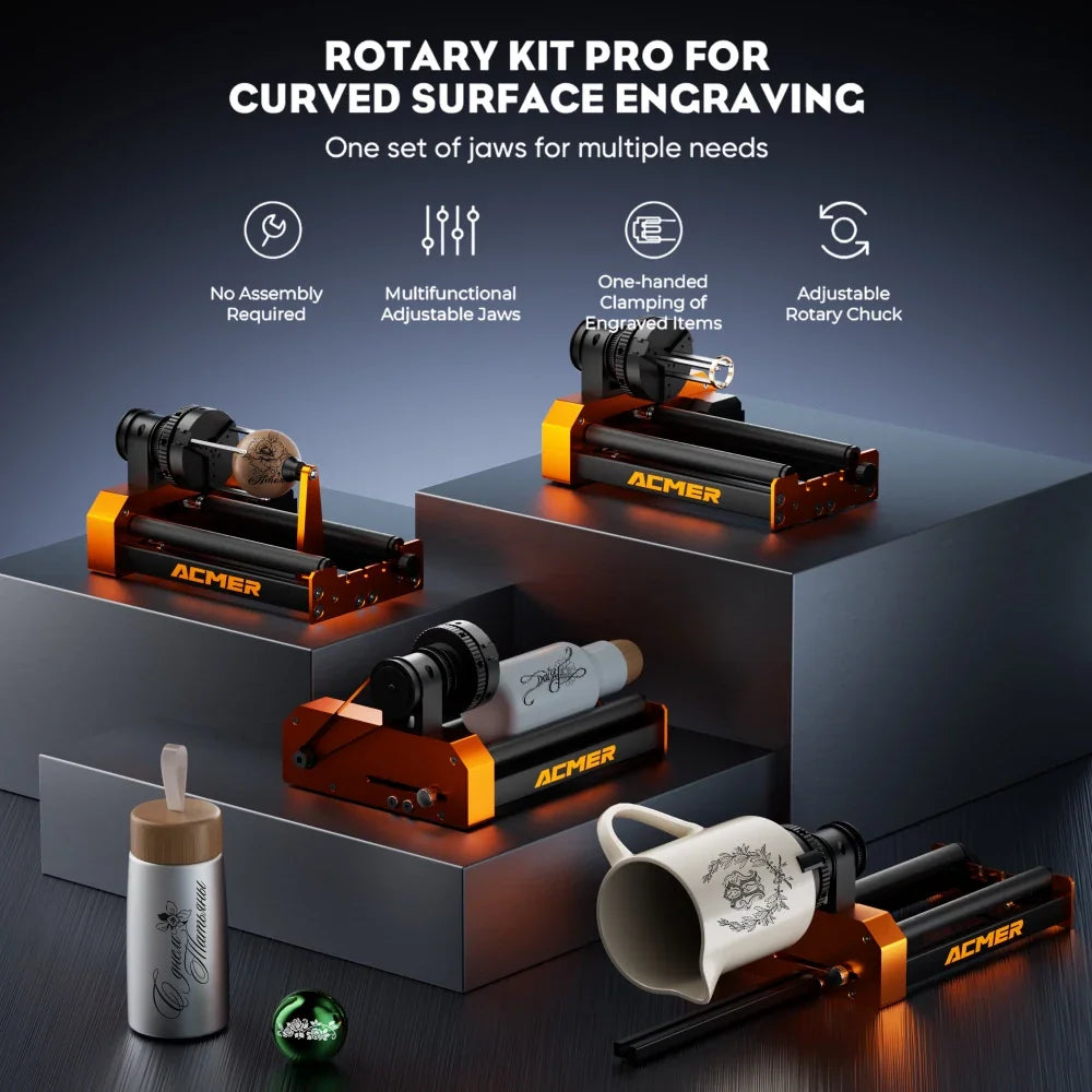 Rotary chuck laser engraving kit displaying multiple engraving setups and samples.