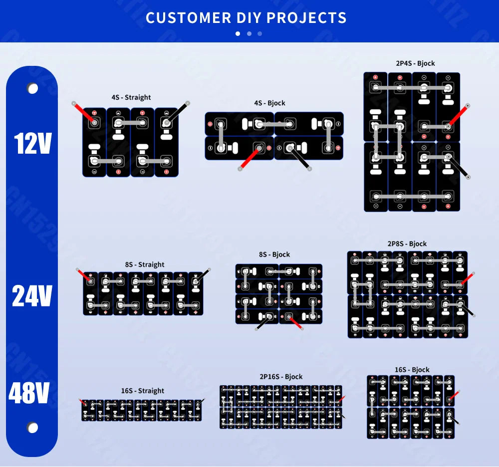 Technical wiring diagrams for assembling batteries into 12V, 24V, and 48V systems