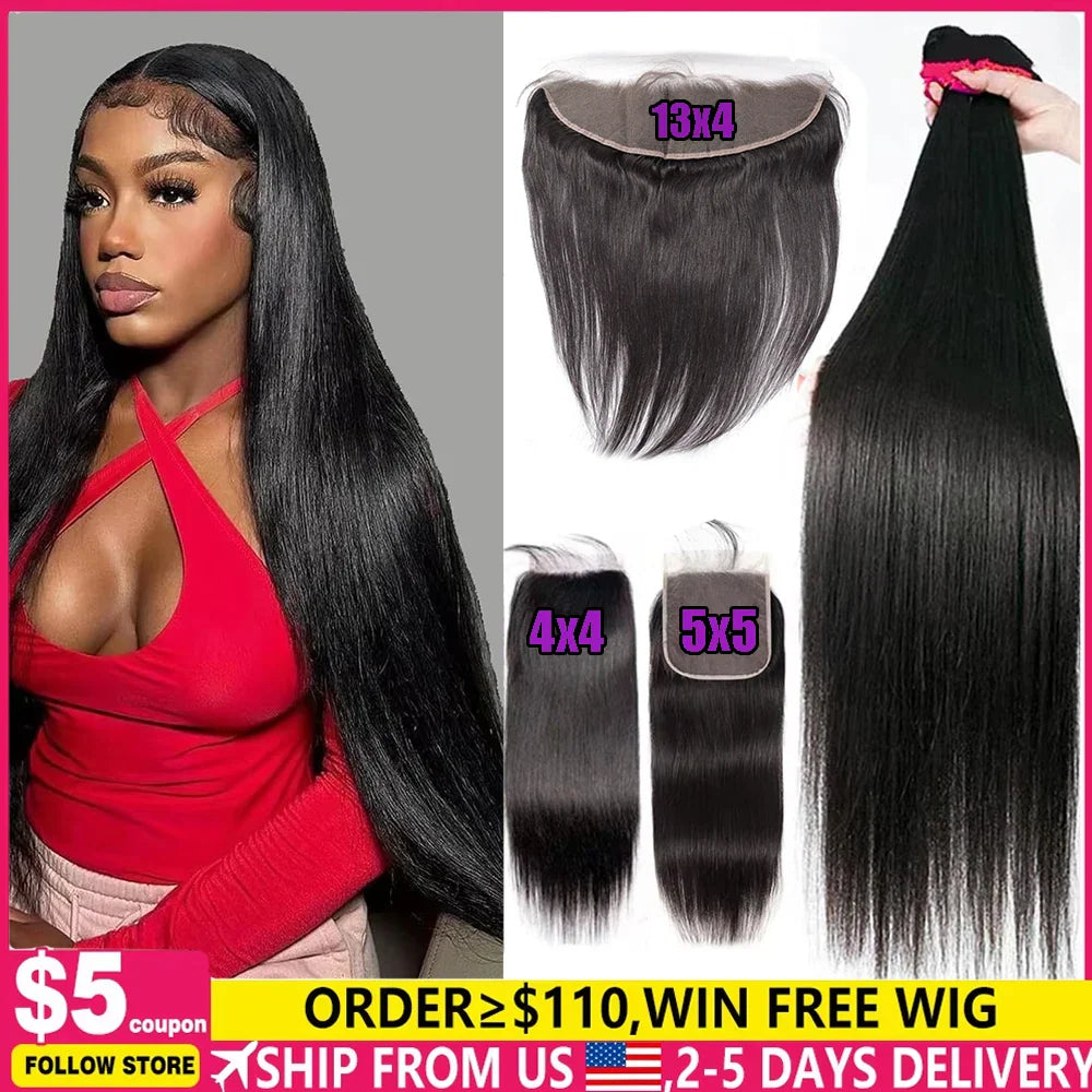 Straight black human hair bundles and lace closure set with a model.