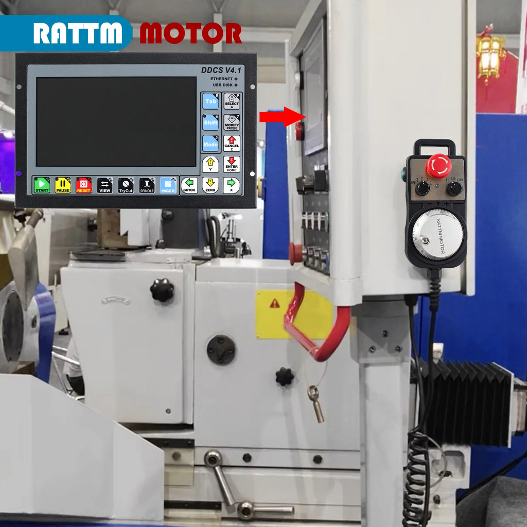 CNC motion controller and handwheel installed on industrial lathe machinery.
