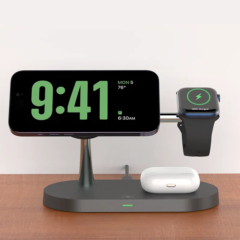 A black 3-in-1 magnetic wireless charging station displaying an iPhone, an Apple Watch, and AirPods case.