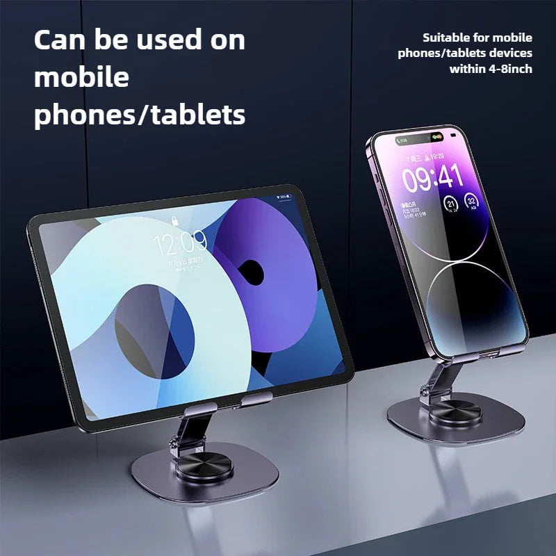Adjustable desktop stand holding a tablet and a smartphone.