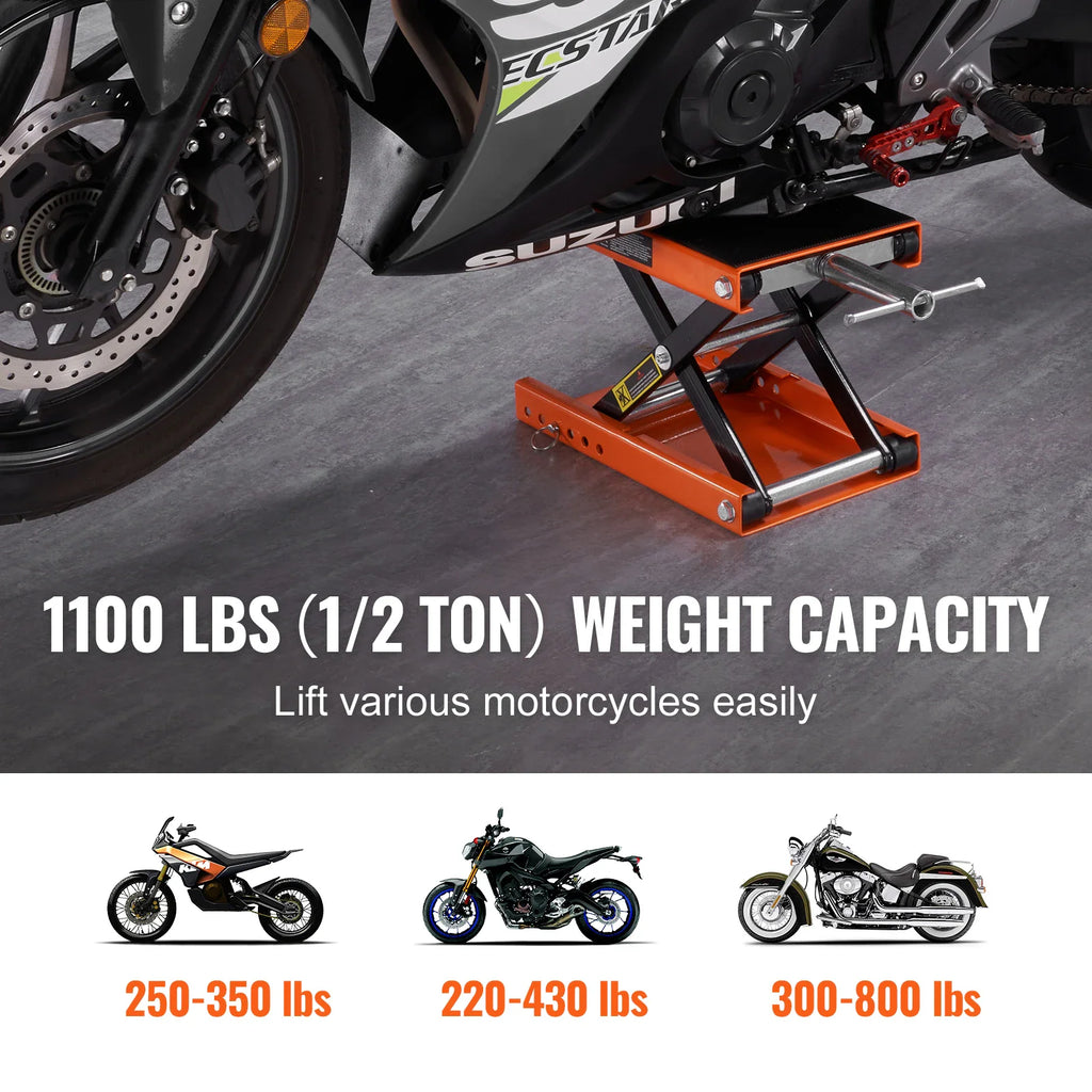Motorcycle lift jack demonstrating weight capacity with various motorcycle types