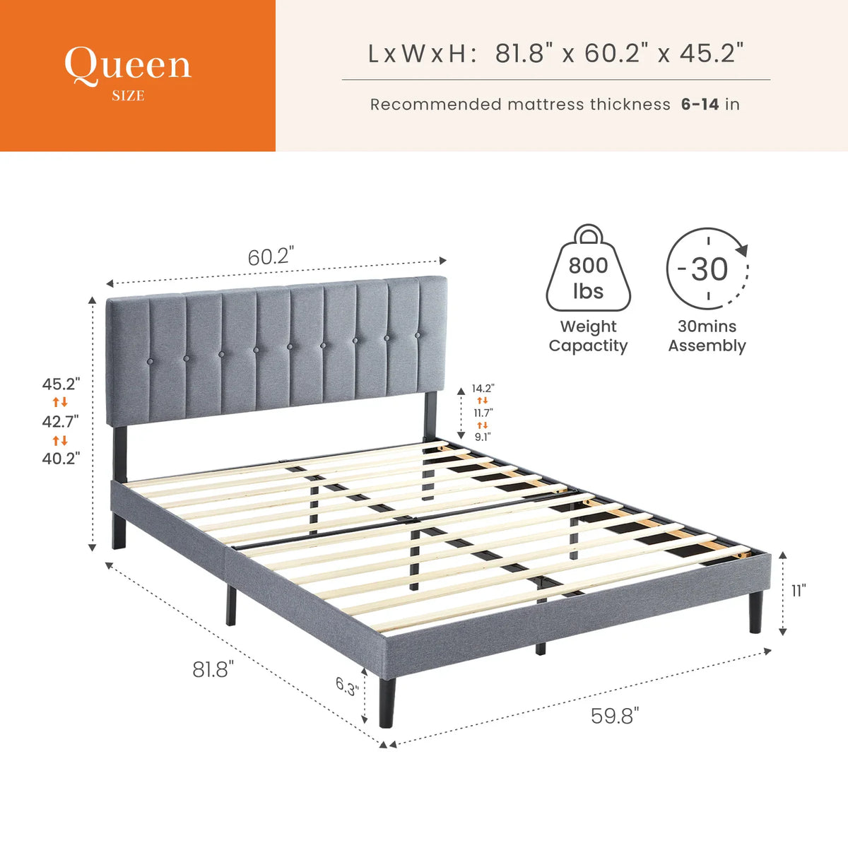 Queen size bed frame dimensions and assembly diagram with weight capacity and height specifications