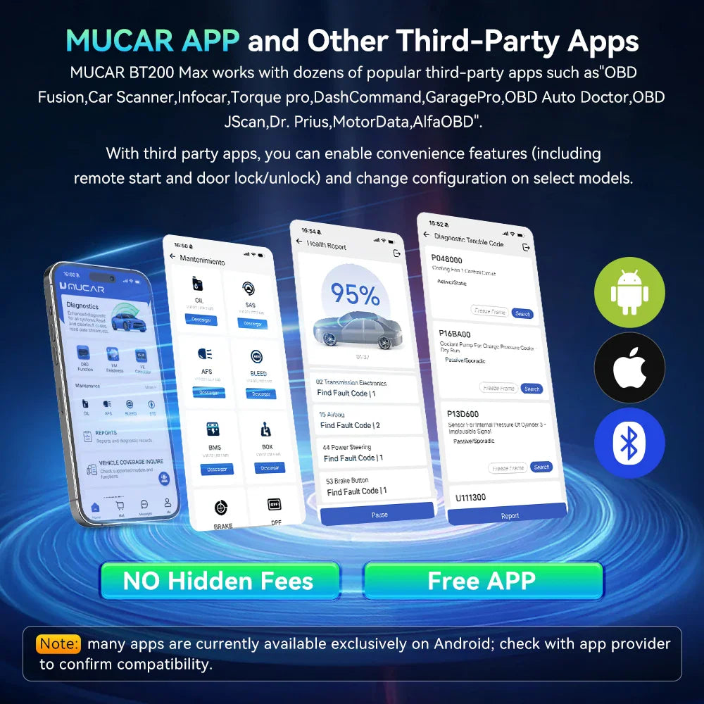 Smartphone interface showing diagnostic test results and app compatibility for OBD2 car scanner.