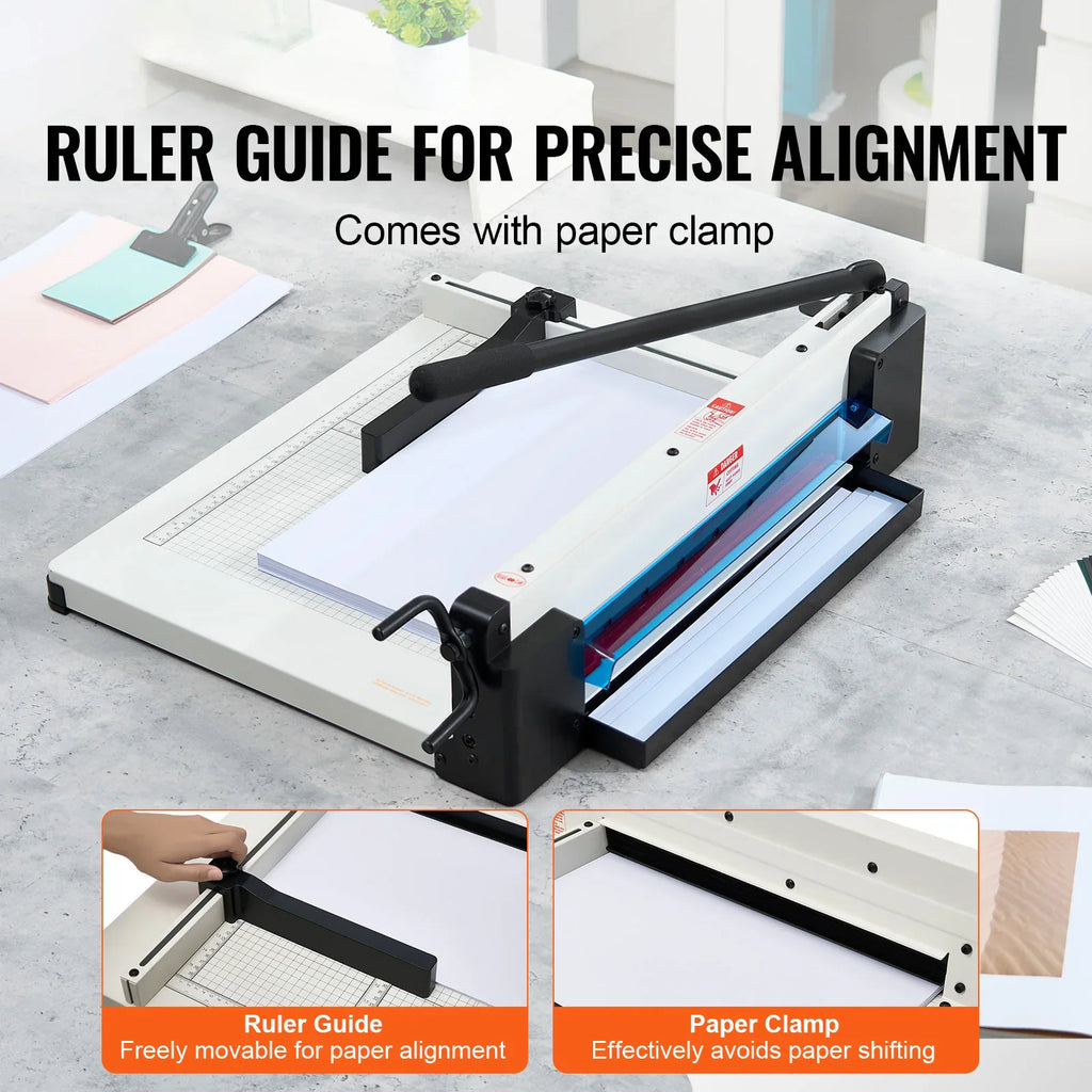 Paper cutter ruler guide and paper clamp features for precise document alignment.