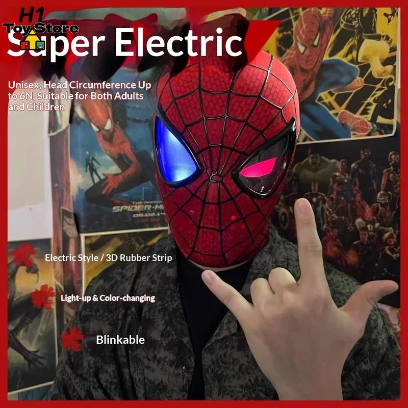 A wearable red superhero fabric mask with motorized, light-up eye lenses, worn by a person.