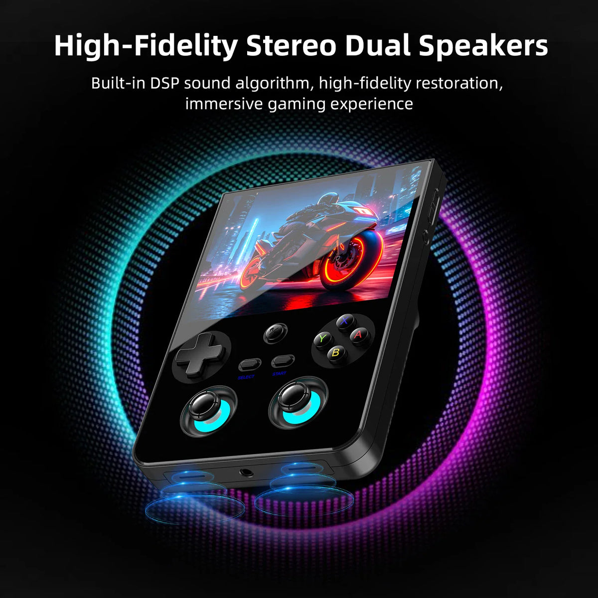 Black vertical handheld game console with illuminated joysticks and a motorcycle racing game screen.