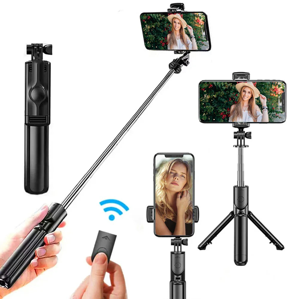 Black wireless selfie stick tripod in tripod mode with a mounted smartphone
