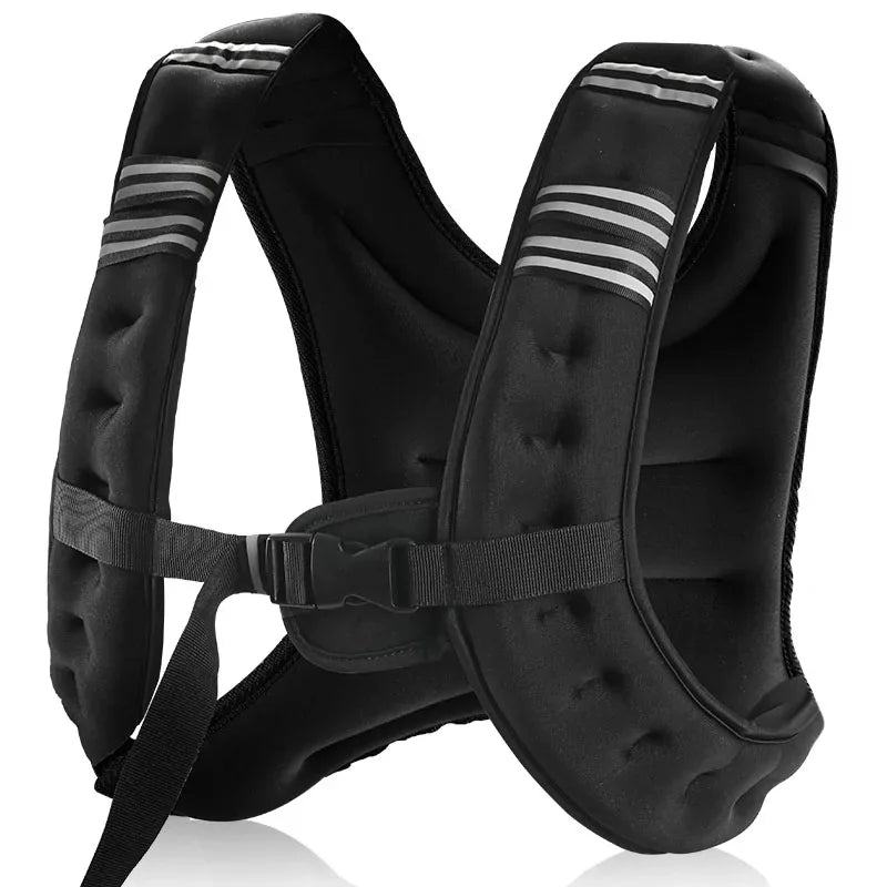 Black weighted vest with reflective stripes and adjustable buckle.