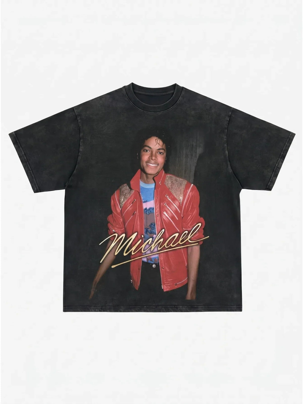 Black vintage-wash short-sleeve cotton t-shirt with a graphic print of a performer in a red jacket