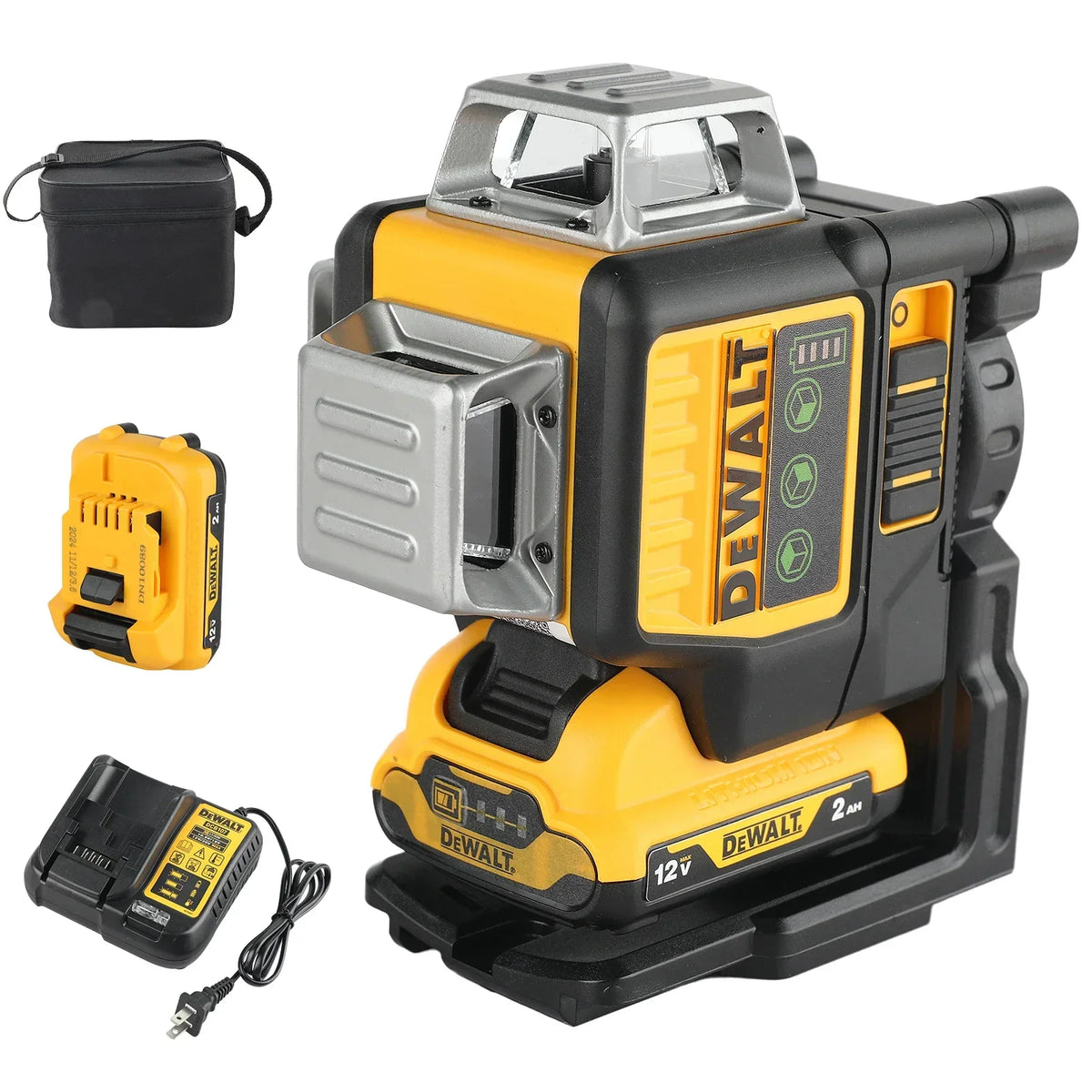 A 12V cordless green line laser level kit with a battery, charger, and carrying case.