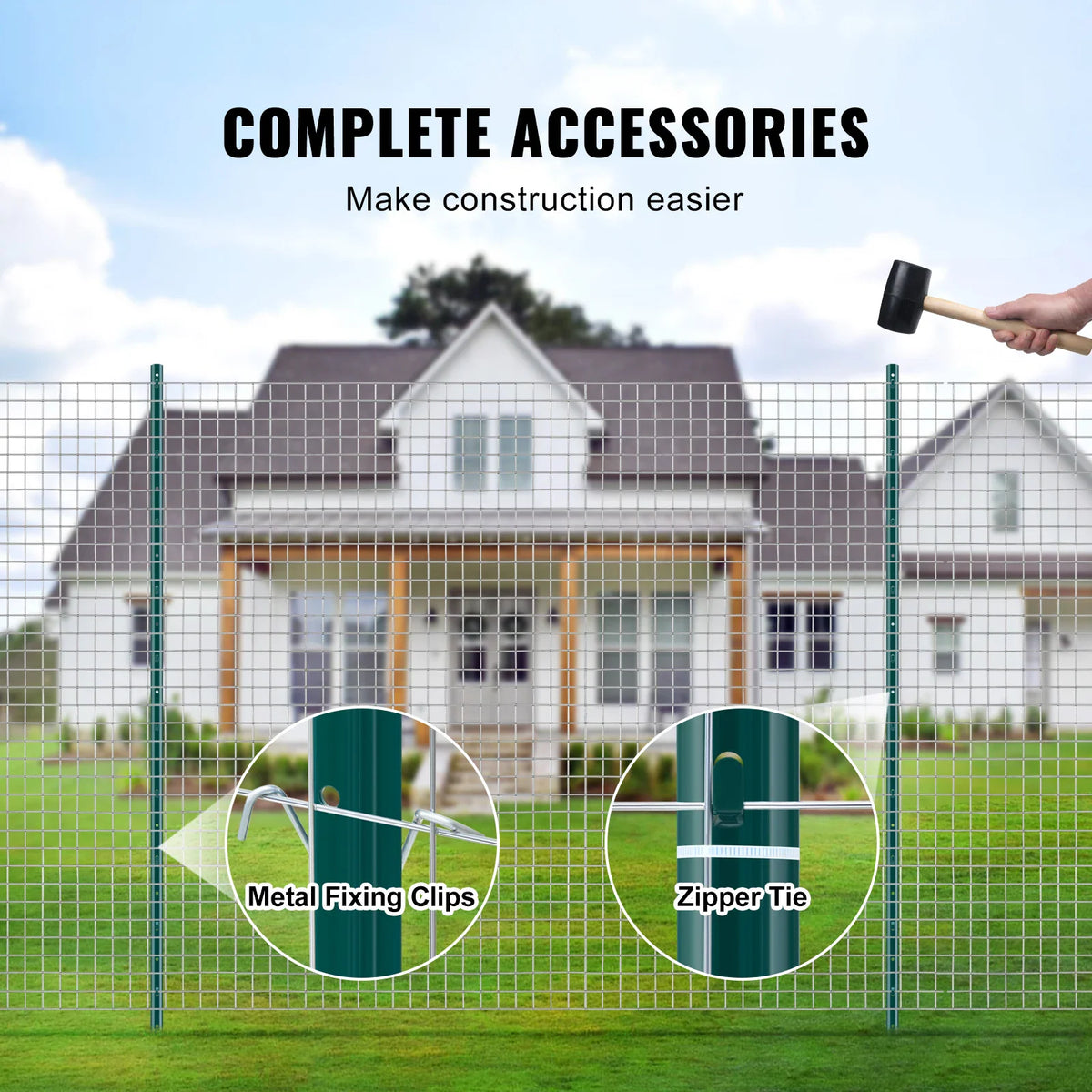Green fence post installed in a wire fence with metal clips and zip ties as accessories