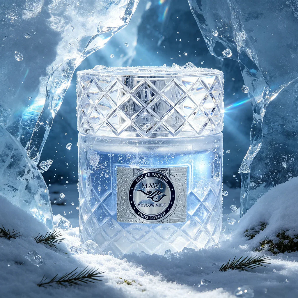 Unisex perfume bottle in a stylized icy winter landscape setting