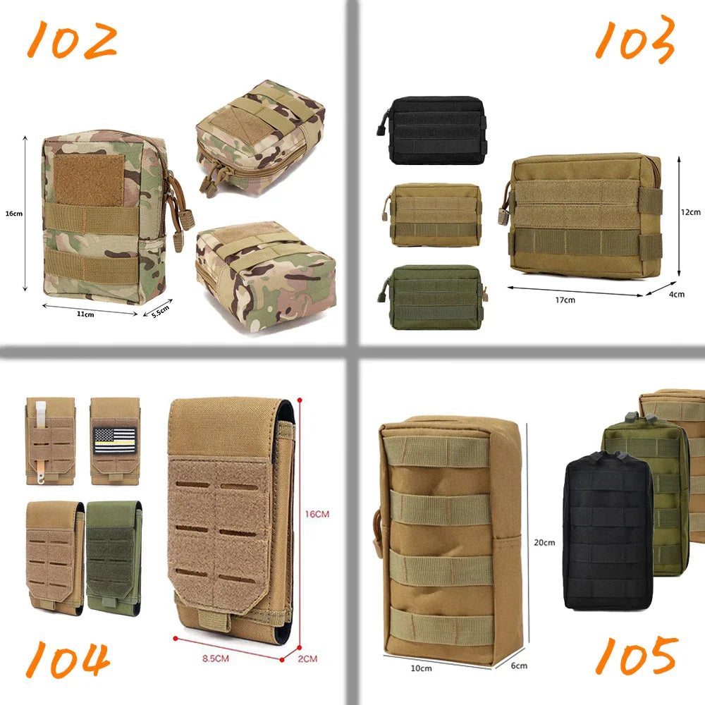 A collection of tactical molle pouches in various camouflage, black, and tan colors with size measurements.