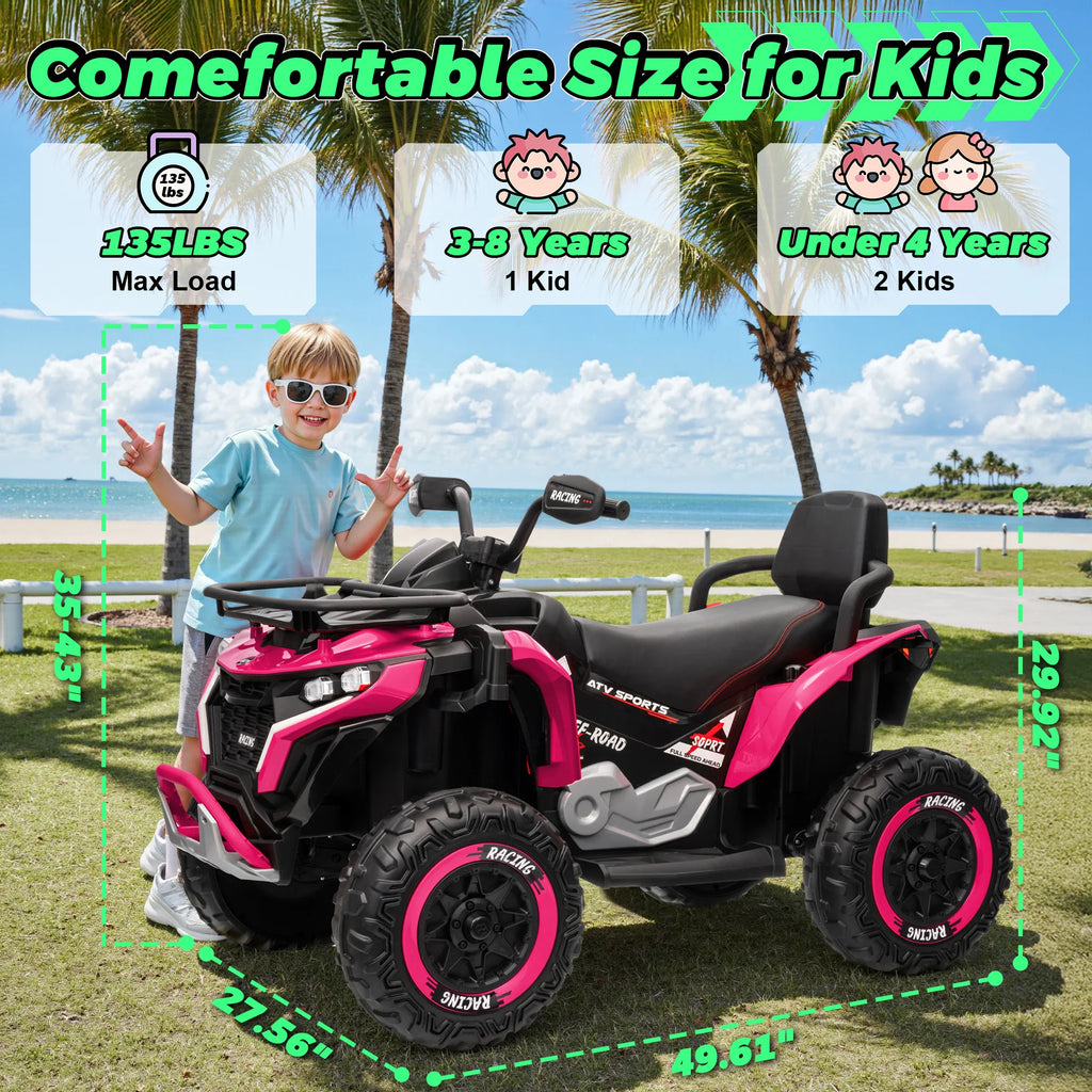 Pink ride-on ATV with dimensions overlay and child standing next to it for scale