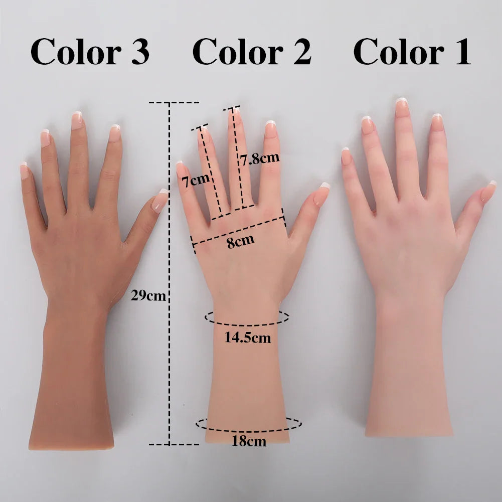 Three silicone female mannequin hands in different skin tones with dimensions displayed.