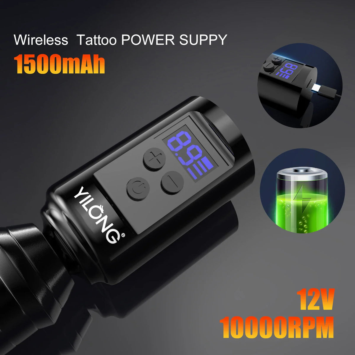 Wireless tattoo power supply unit showing technical specifications