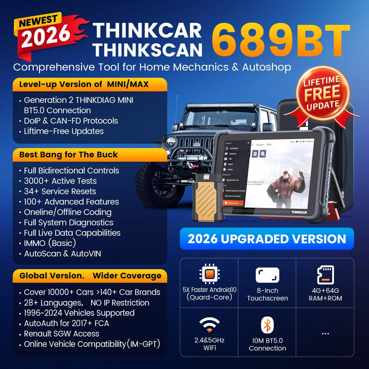 Automotive diagnostic tablet showing comprehensive vehicle coverage and system features