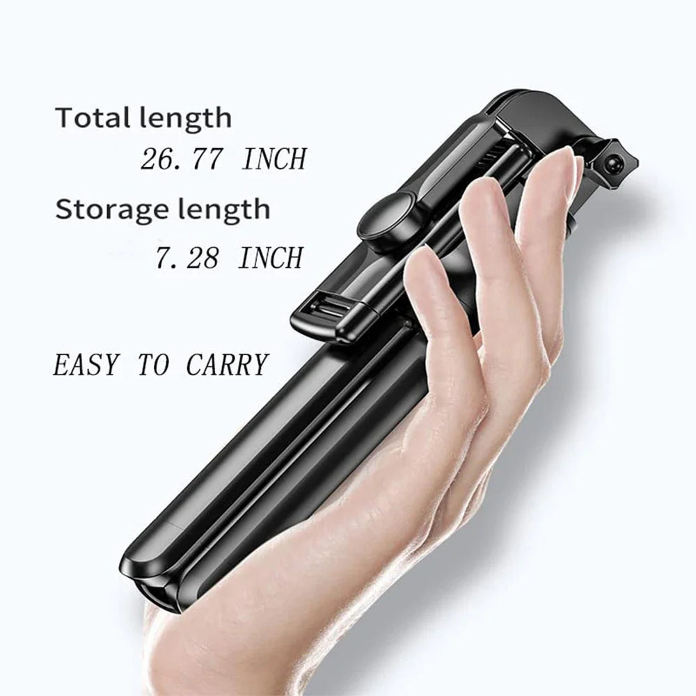 Black wireless selfie stick tripod in tripod mode with a mounted smartphone – view 5