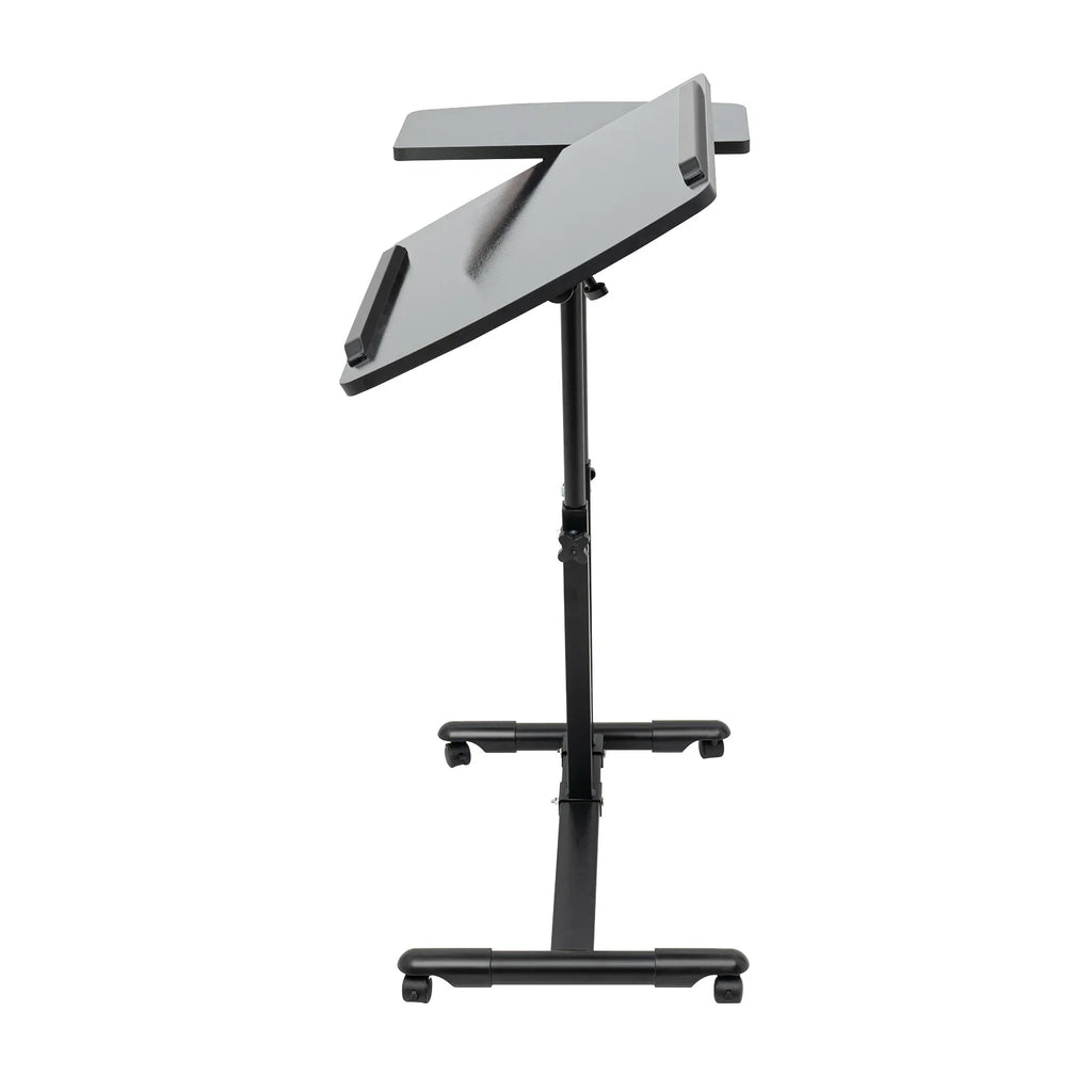 Side profile of portable adjustable black dual surface tattoo workstation table
