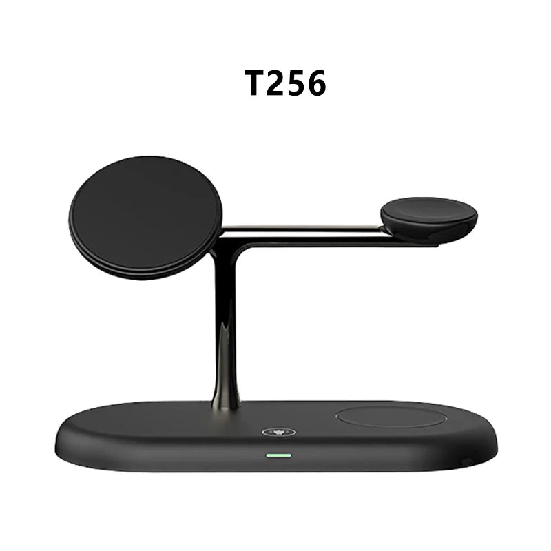 A black 3-in-1 magnetic wireless charging dock on a white background.