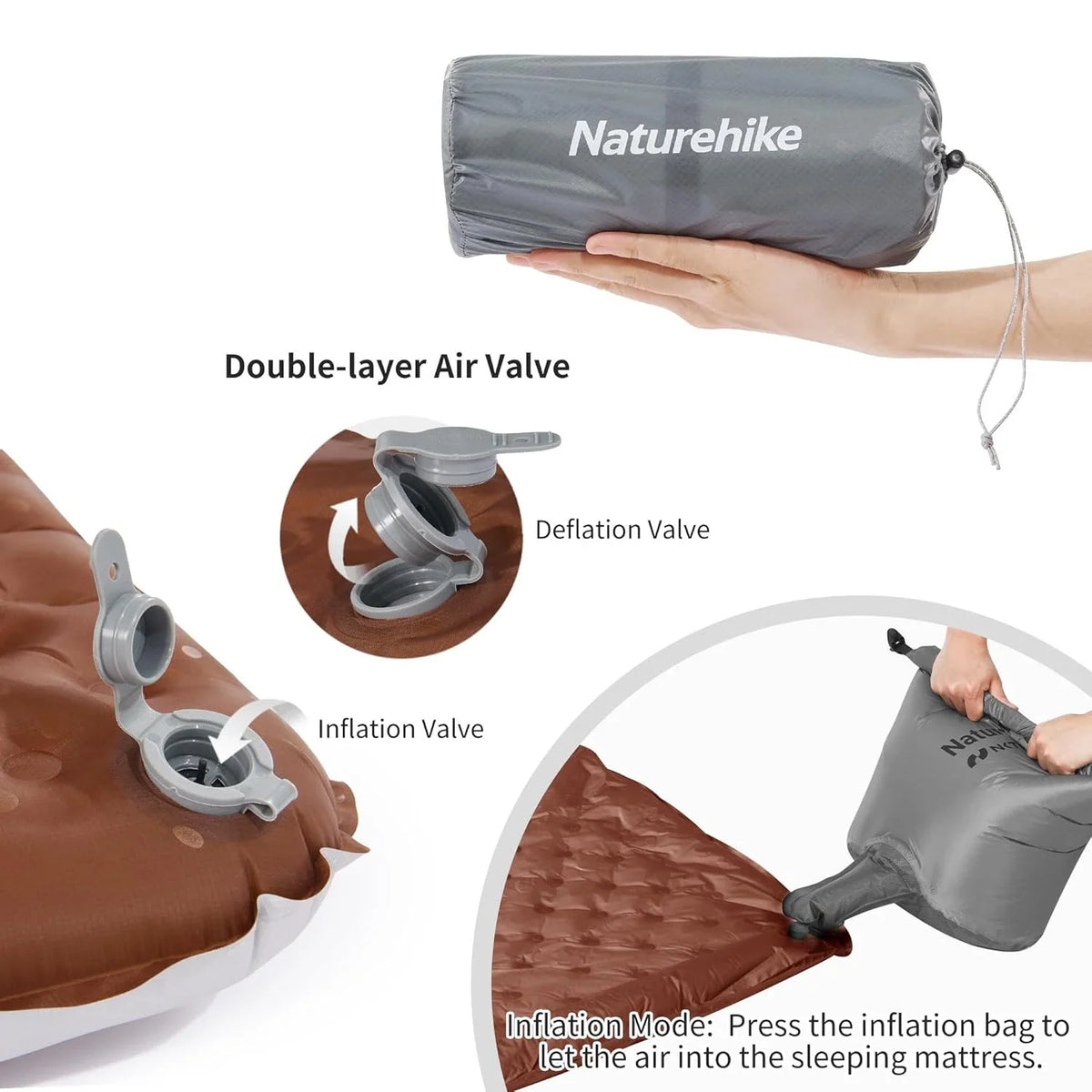 Inflatable camping sleeping pad with air pump bag and valve instructions